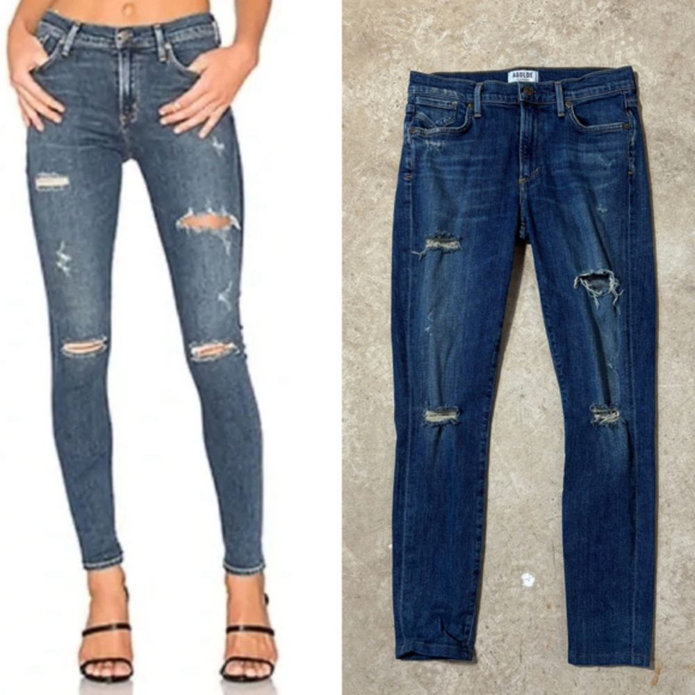 AGOLDE Blue Jeans Women’s Size 27 Skinny Distressed Zipper Fly Dark Wash